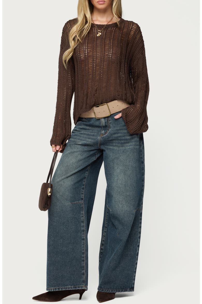 Jaide Sheer Ladder Open Stitch Sweater, Alternate, color, BROWN