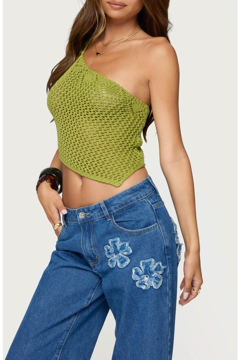 Daley Asymmetric One-Shoulder Sheer Crop Top, Alternate, color, GREEN