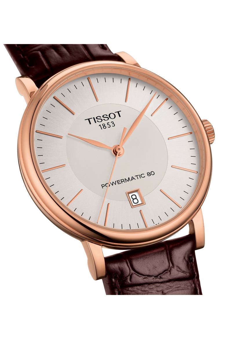 Premium Carson Powermatic 80 Leather Strap Watch, 40mm, Alternate, color, BROWN/ SILVER/ ROSE GOLD