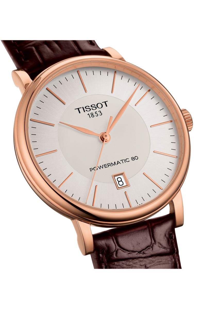 Tissot Premium Carson Powermatic 80 Leather Strap Watch, 40mm, Alternate, color, Brown/ Silver/ Rose Gold