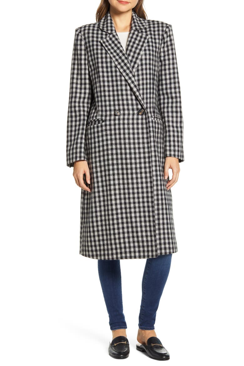 Double Breasted Gingham Long Coat, Alternate, color, GULL GREY