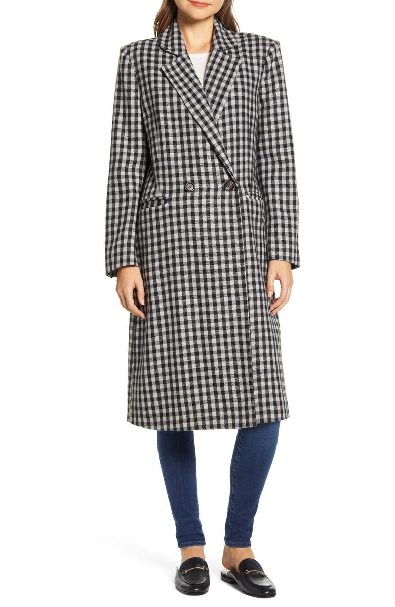 beachlunchlounge Double Breasted Gingham Long Coat, Alternate, color,