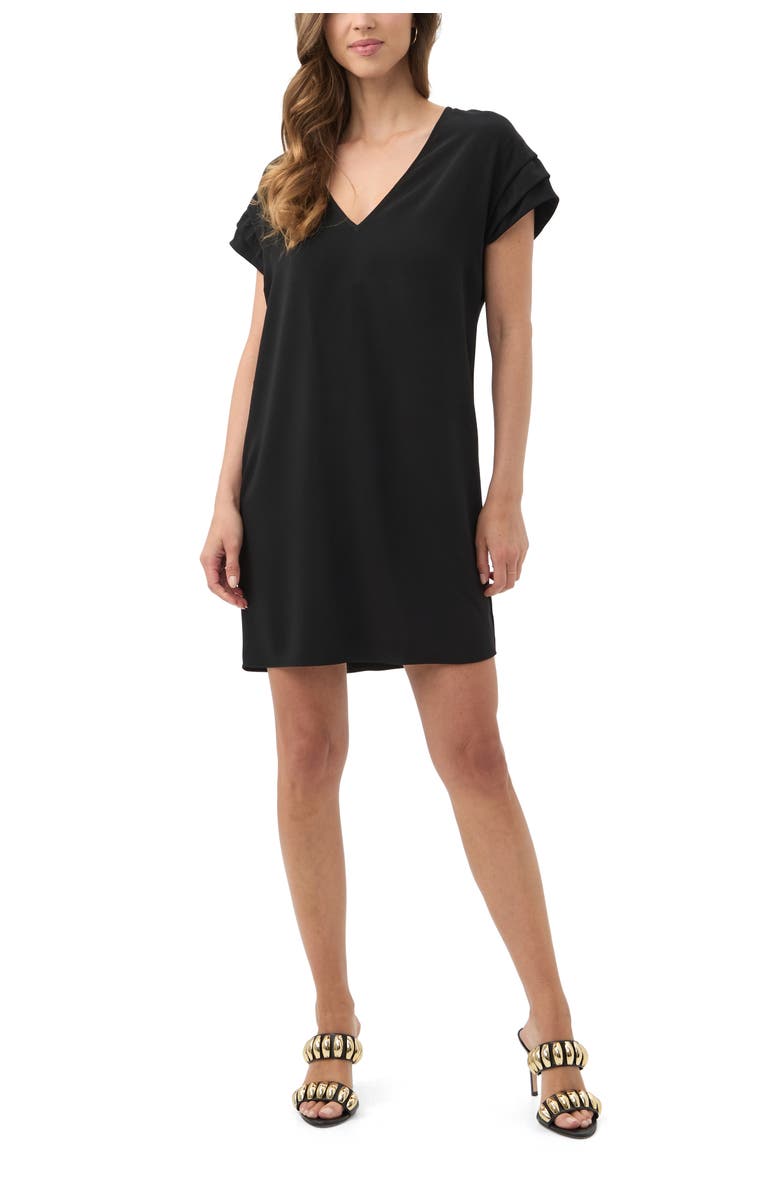 Trina Turk Sadora V-Neck Pleated Sleeve Dress, Alternate, color, Black