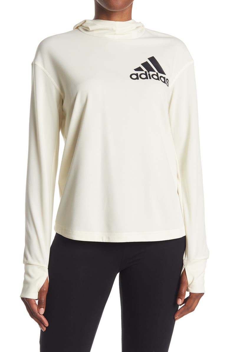 adidas Logo Print Hooded Long Sleeve Thumbhole T-Shirt, Main, color,
