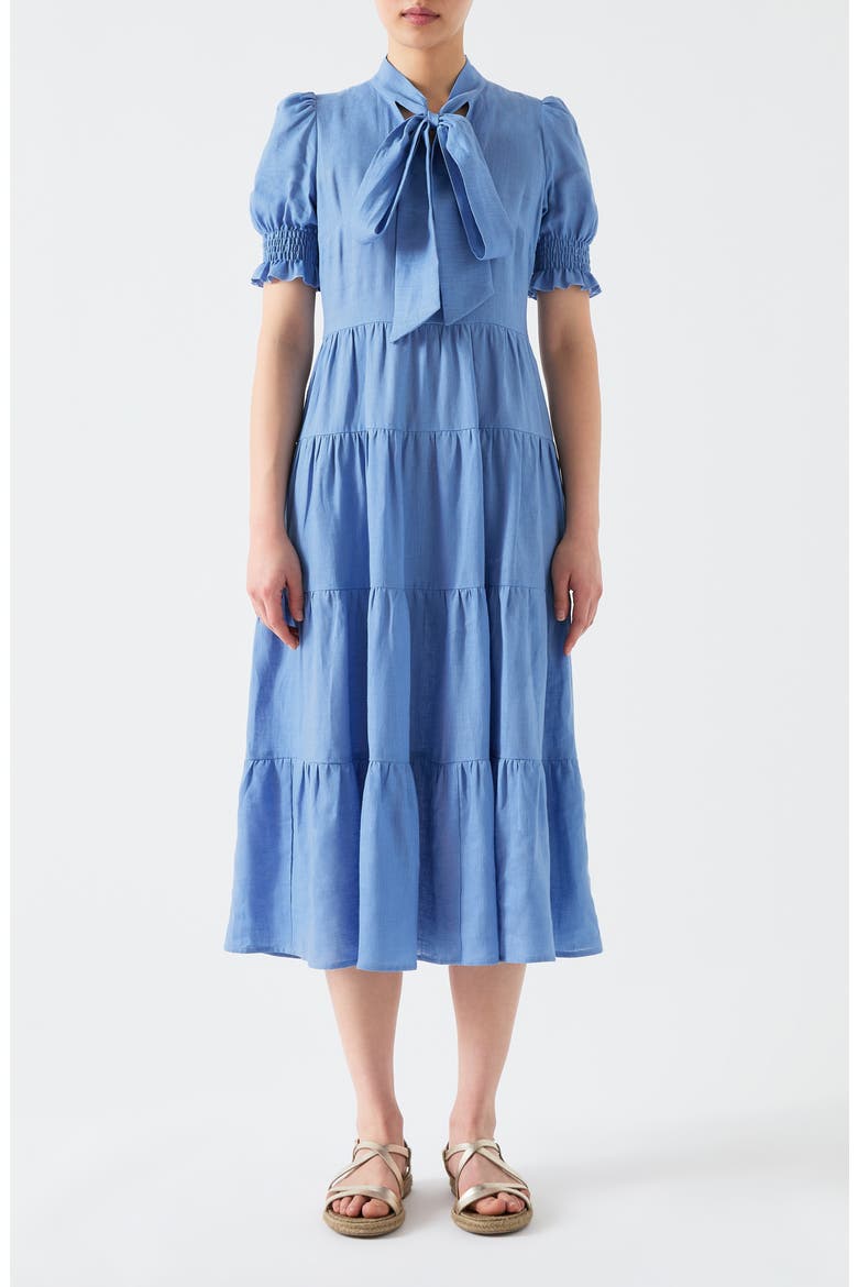 Flo Tie Neck Linen Dress, Main, color, PALE OCEAN