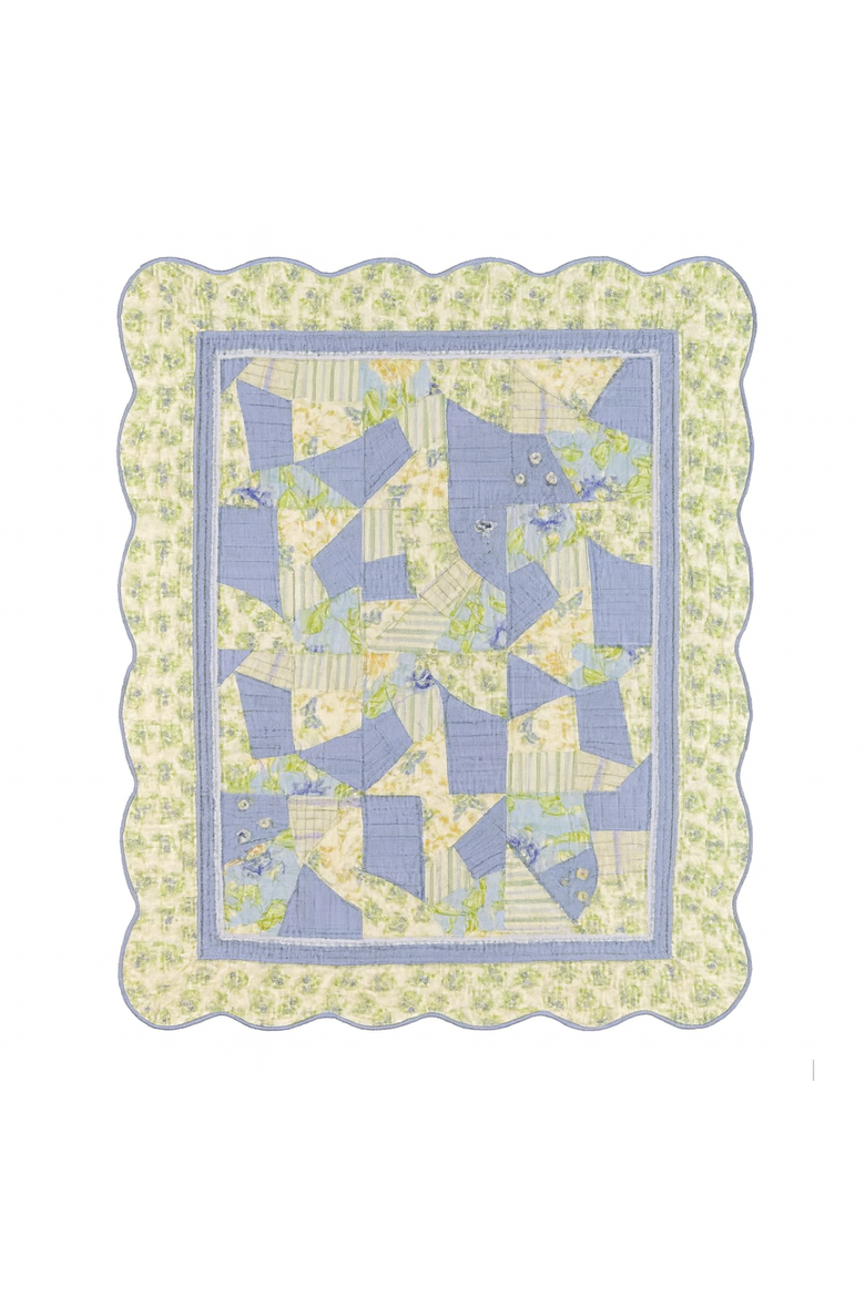 Sunshine Cornflower Blue Florals Vintage Quilted 100% Cotton Throw Blanket 50" x 60", Main, color, Blue