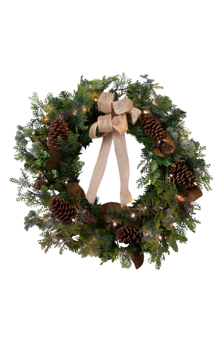 Balsam Hill Cedar Lodge Artificial LED Light Outdoor Wreath, Main, color, 
