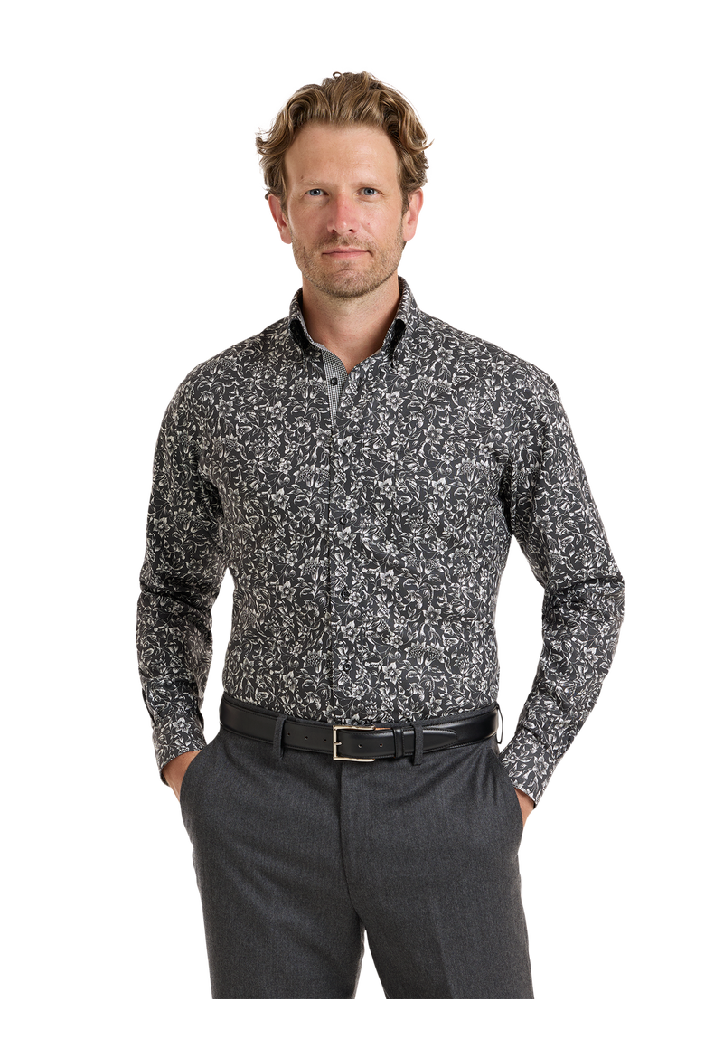 Cotton Buttondown Collar Pinpoint Classic Contrast Trim Button Cuff Long Sleeve, Alternate, color, Black