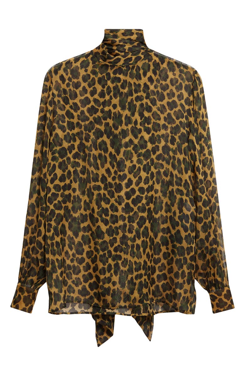 Saint Laurent Leopard Print Silk Top, Main, color, Ocre/ Vert