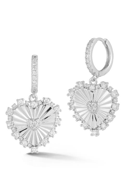 Cubic Zirconia Heart Charm Drop Earrings