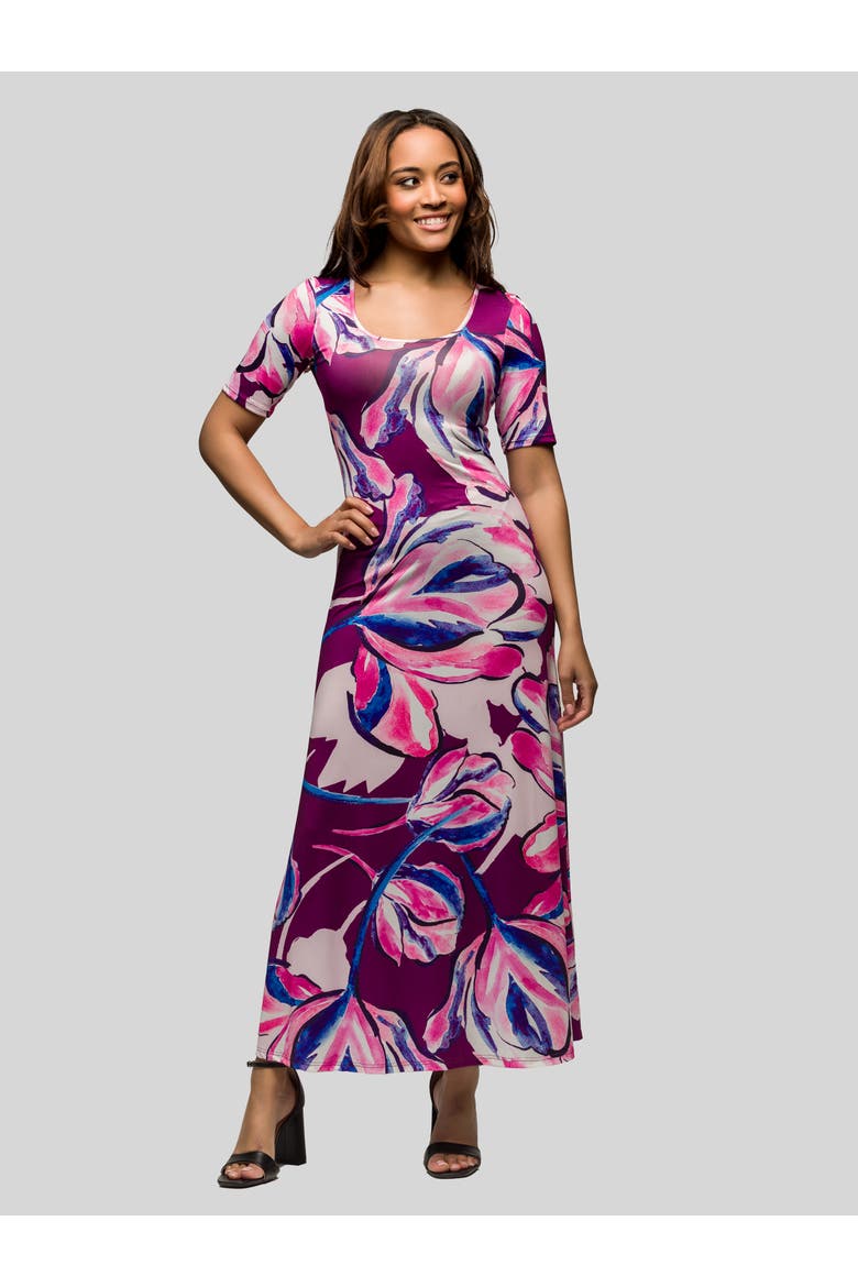 Purple Floral Print Elbow Sleeve Casual A-Line Maxi Dress, Main, color, Pink Multi