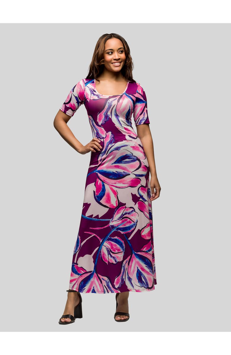 24seven Comfort Apparel Purple Floral Print Elbow Sleeve Casual A-Line Maxi Dress, Main, color, Pink Multi