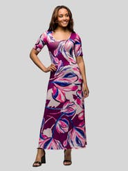 24seven Comfort Apparel Purple Floral Print Elbow Sleeve Casual A-Line Maxi Dress