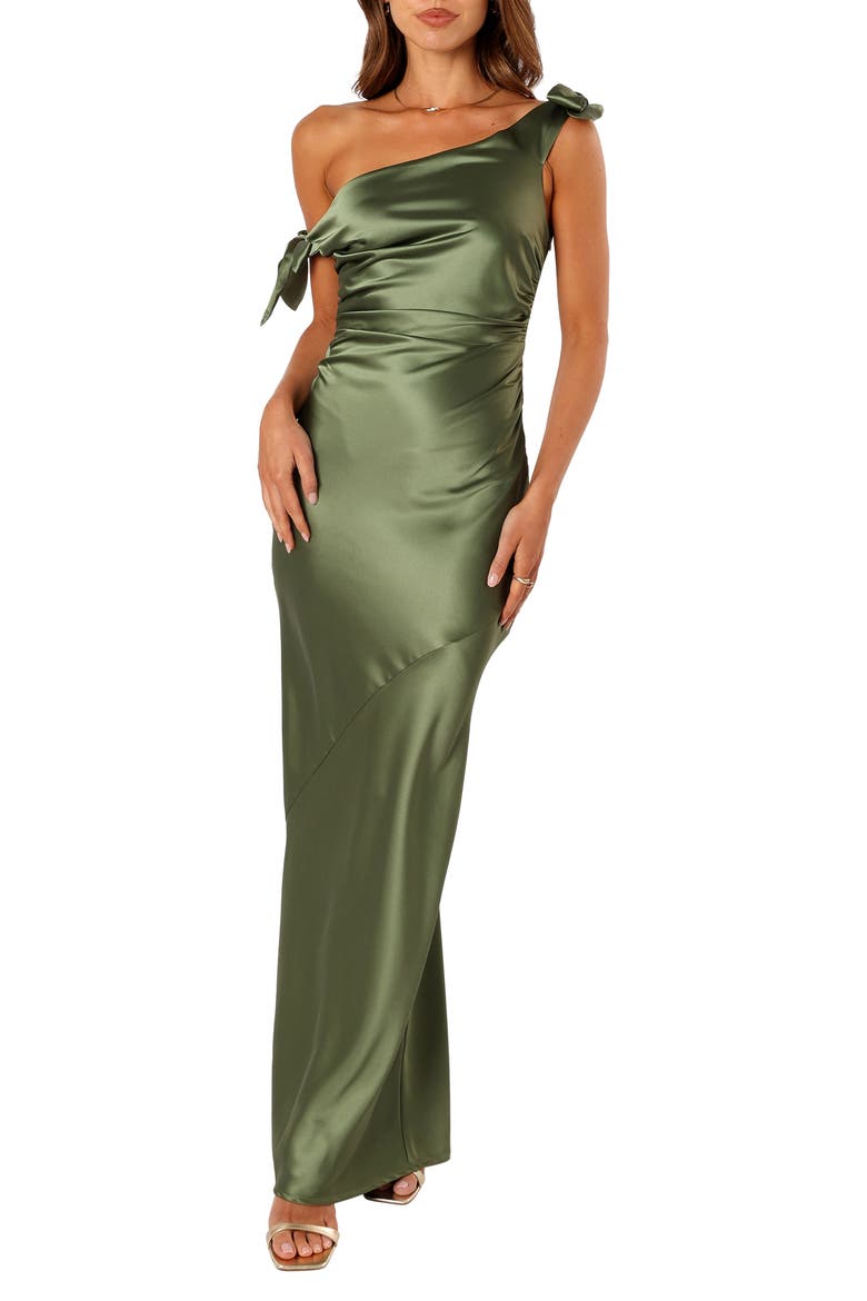 Selma One-Shoulder Satin Gown, Main, color, OLIVE