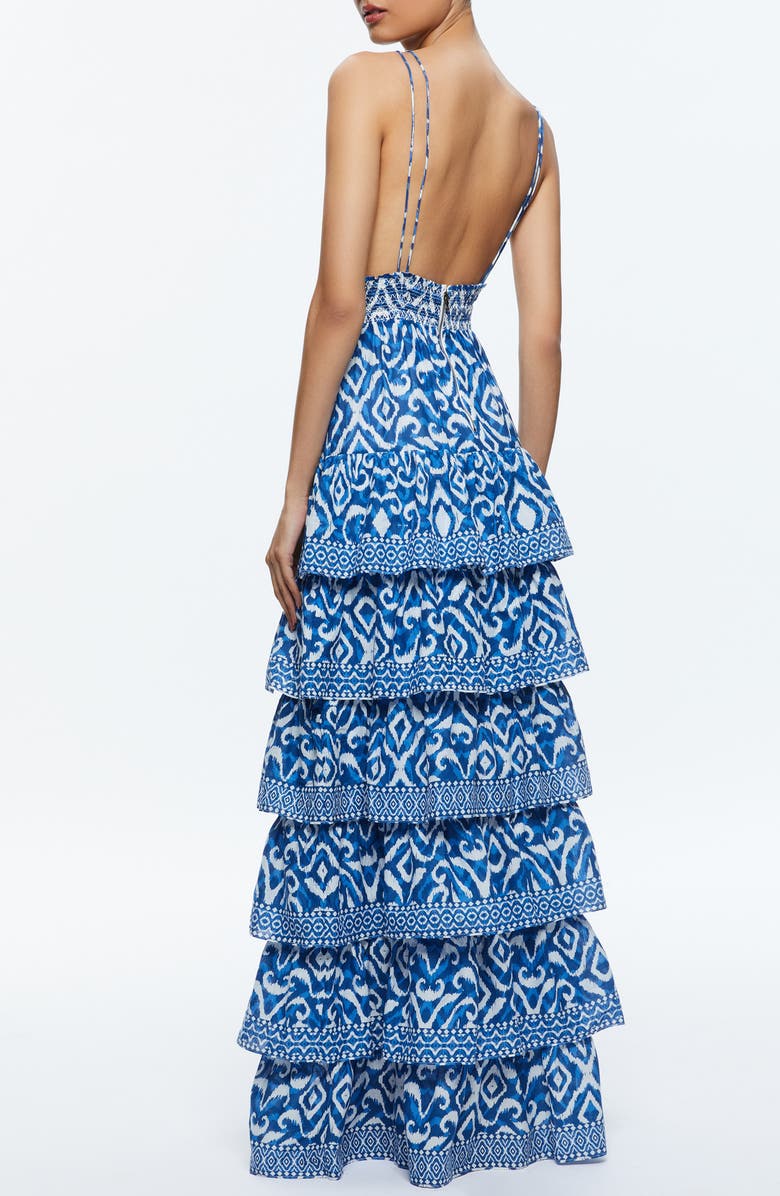Alice + Olivia Imogene Ikat Print Tiered Open Back Maxi Dress, Alternate, color, Artisan Ikat French Blue