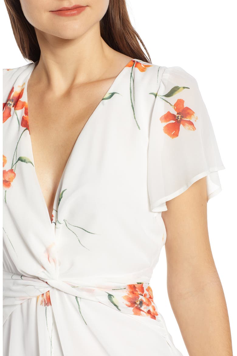Twist Front Midi Dress, Alternate, color, IVORY ORANGE FLORAL