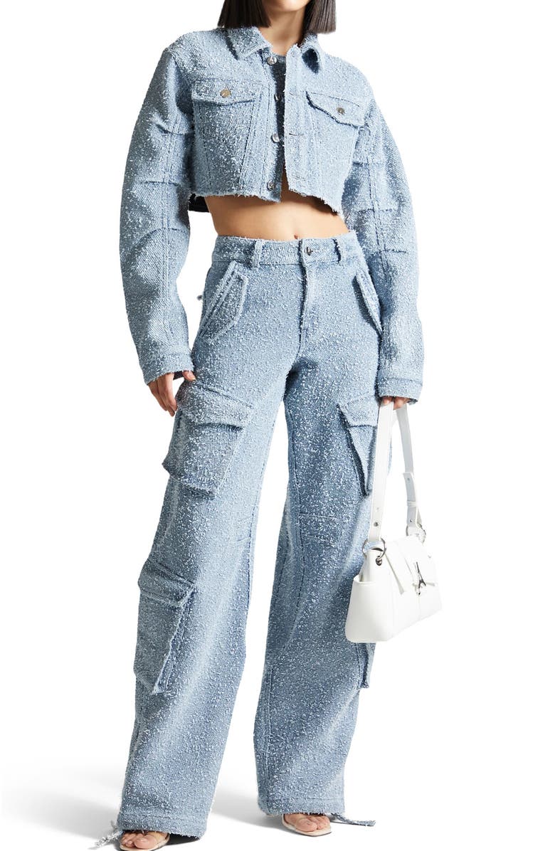 Manière De Voir Catherine Cropped Boucle Denim Jacket, Main, color, Mid Blue