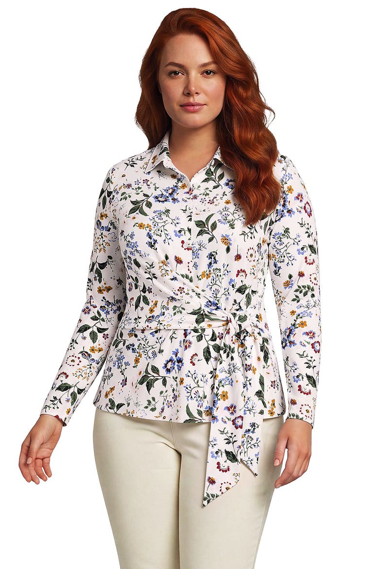 Plus Size Long Sleeve Lightweight Jersey Adjustable Tie Collar Top, Main, color, Ivory Multi Floral