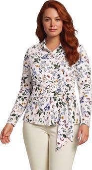 Lands' End Plus Size Long Sleeve Lightweight Jersey Adjustable Tie Collar Top
