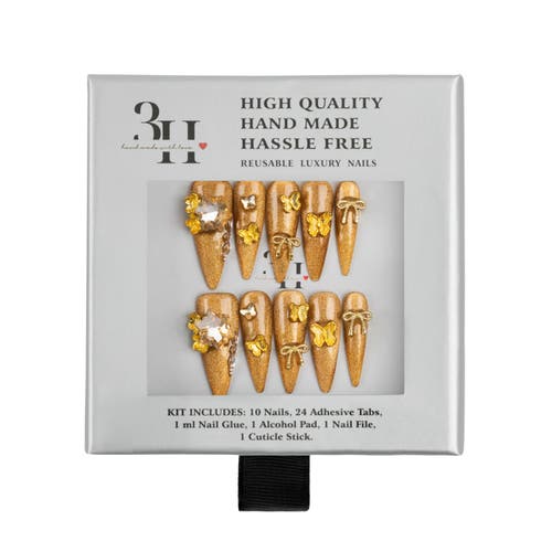 3h Nails Luxury Handmade Golden Amber Stiletto Press-on Nails With Bow And Butterfly Charms