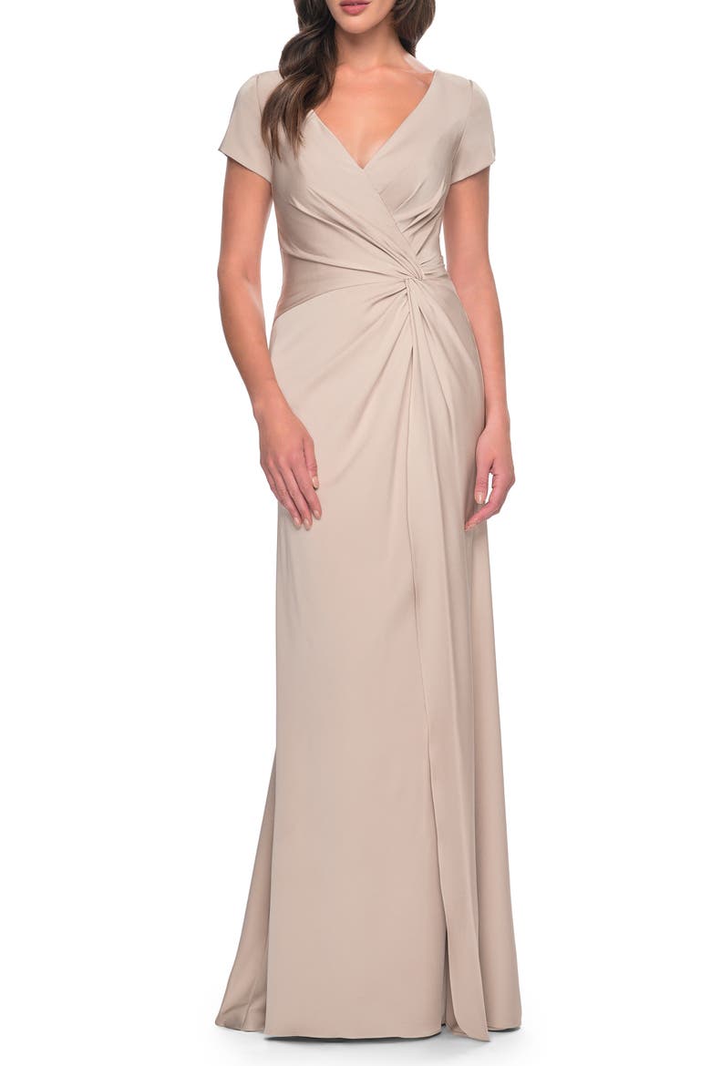 Elegant Evening Gown with V Neck and Knot, Alternate, color, Champagne