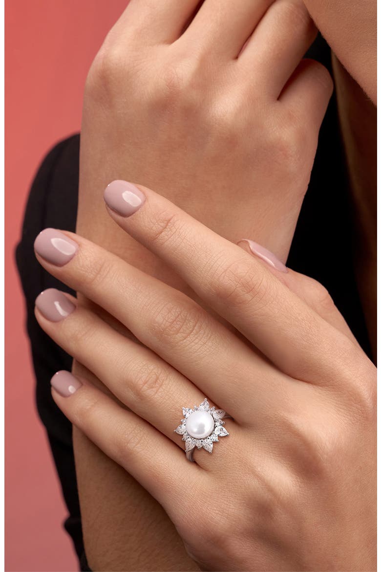 Cultured White Pearl & Lab Grown Sapphire Halo Ring, Alternate, color, WHITE GOLD