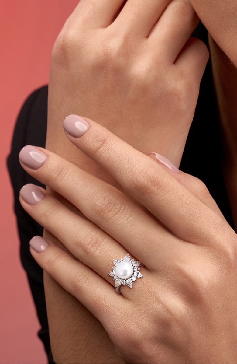DELMAR Cultured White Pearl & Lab Grown Sapphire Halo Ring, Alternate, color, 