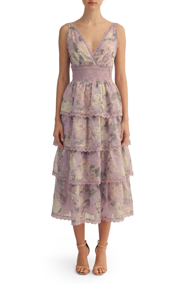 Arose Studio Sylvie Layered Ruffle Sleeveless Maxi Dress, Main, color, Lavender