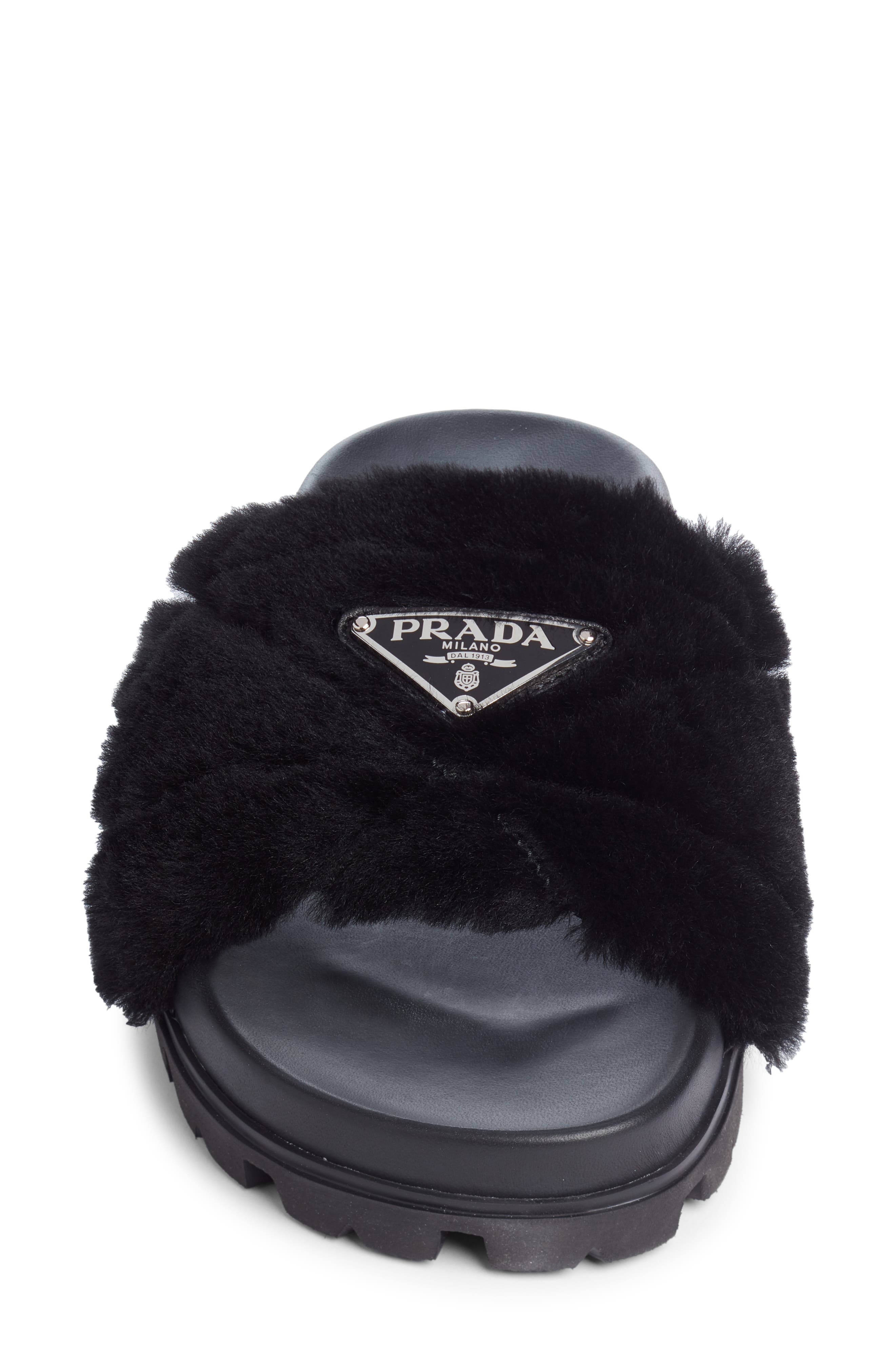 Prada Logo Genuine Shearling Slide Sandal, Alternate, color, 