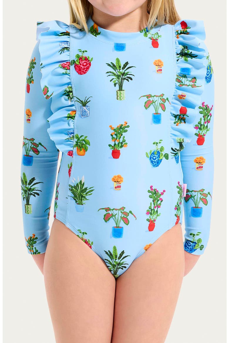 Kids' Playa Bonita Ruffle Long Sleeve UPF 50+ One-Piece Rashguard Swimsuit, Alternate, color, PLAYA BONITA