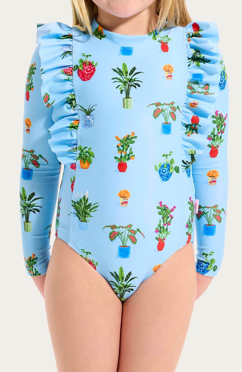 Seafolly Kids' Playa Bonita Ruffle Long Sleeve UPF 50+ One-Piece Rashguard Swimsuit, Alternate, color, 