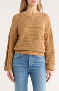 Bobeau Pointelle Fringe Open Knit Sweater