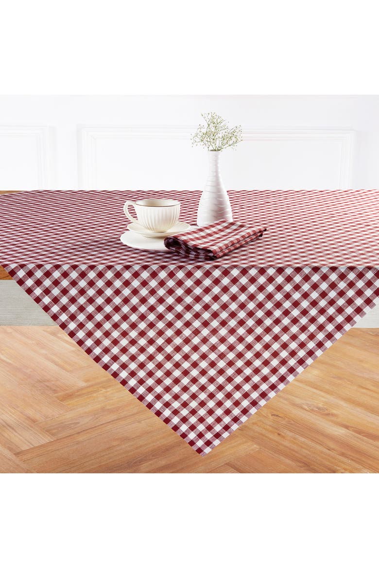 Linen Table Throw 52 x 52 Inch - Gingham Check, Main, color, Burgundy