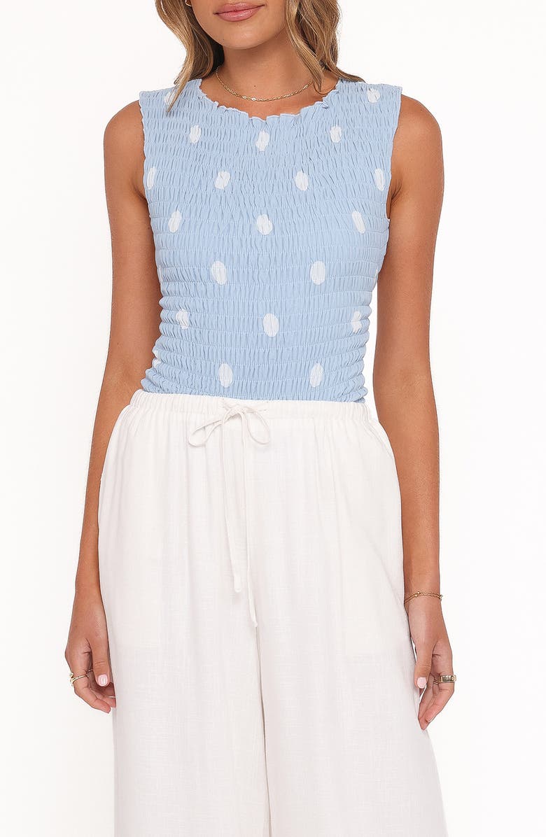 Petal & Pup Zoya Polka Dot Shirred Open Back Top, Main, color, Blue Polka Dot