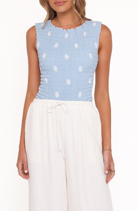 Zoya Polka Dot Shirred Open Back Top