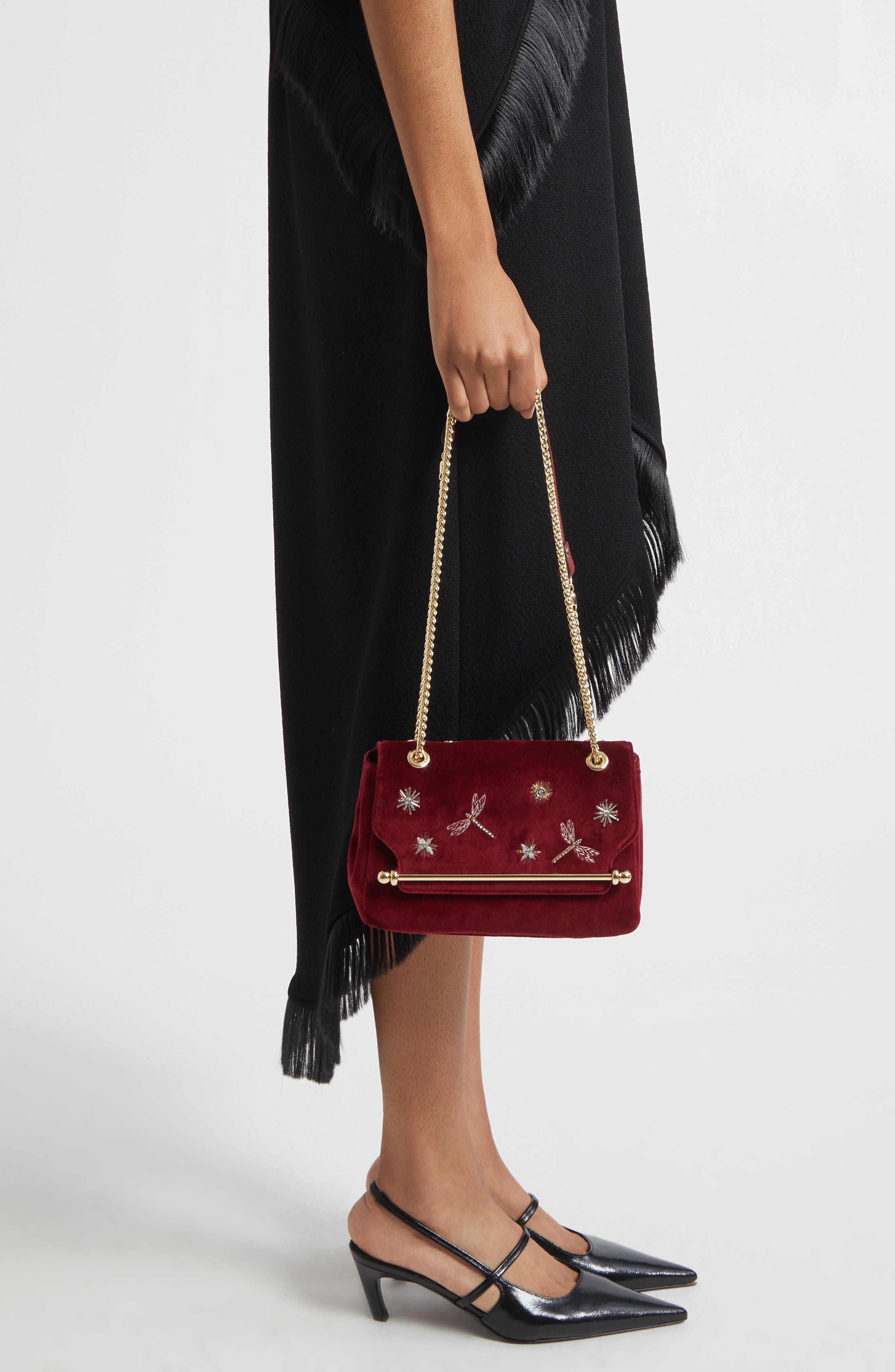 Strathberry x Cinq à Sept Mini East/West Embroidered Velveteen Shoulder Bag, Alternate, color, Bordeaux