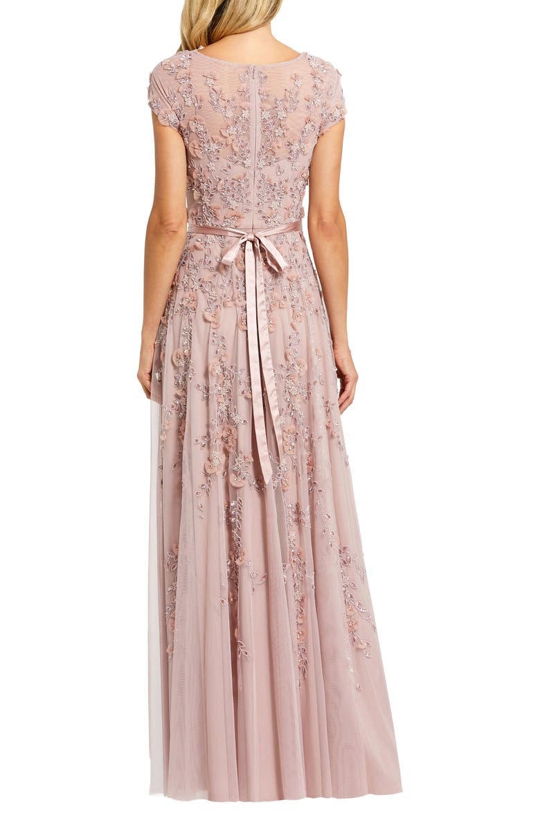 Mac Duggal Floral Embellished Short Sleeve Mesh Gown, Alternate, color, Mocha