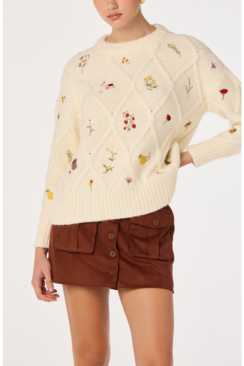 Rose Embroidered Diamond Cable Sweater, Main, color, IVORY