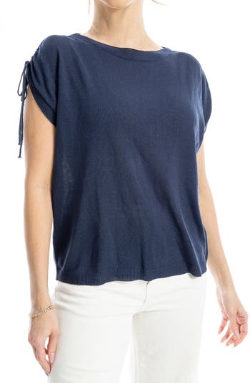 Max Studio Ruched Shoulder Short Sleeve Knit Sweater In Blue
