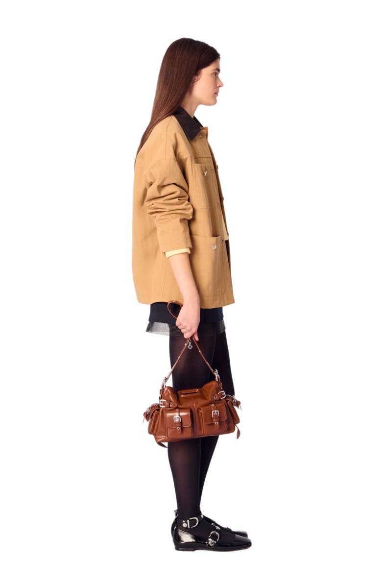maje Cotton coat with leather collar, Alternate, color,