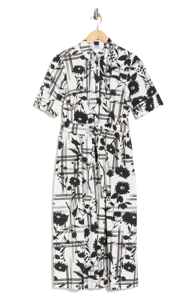 DKNY Collared Tie Waist Shirtdress, Main, color, Black/ Ivory