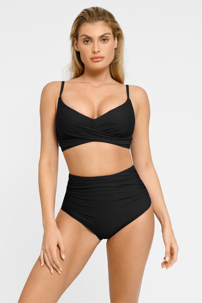 Shapewear Bust-Enhancing Draped Bikini Top, Alternate, color, Midnight Black