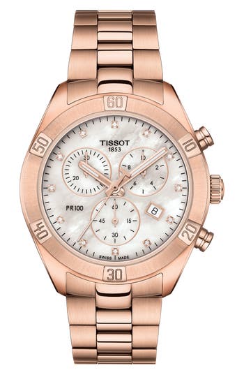 Tissot Women's Swiss Chronograph Pr 100 Sport Chic T-classic Rose Gold-tone Stainless Steel Mesh Bracelet W In Rosegld/wht Mop/rosegld