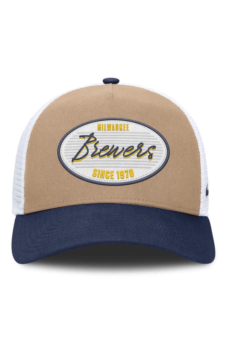 Men's Nike  Khaki/Navy Milwaukee Brewers Rise A-Frame Trucker Adjustable Hat, Alternate, color, Khaki