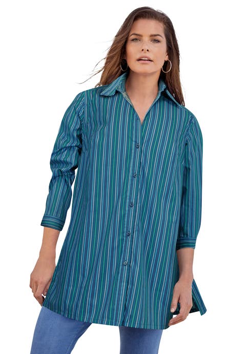 Kate Long-Sleeve Crisp Cotton-Blend Button-Front Tunic (Plus)