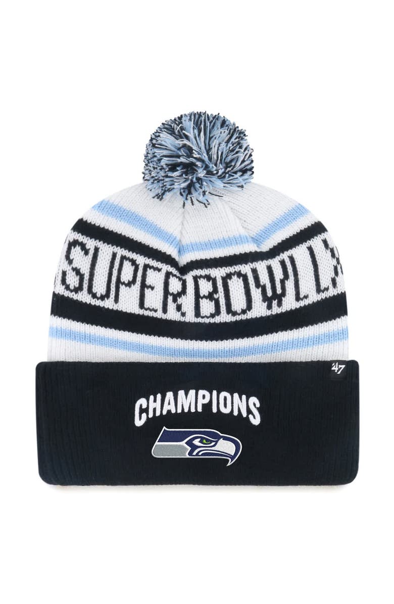 '47 Men's '47  White/Black Seattle Seahawks Super Bowl LX Champions Patch Cuffed Knit Hat with Pom, Main, color, 