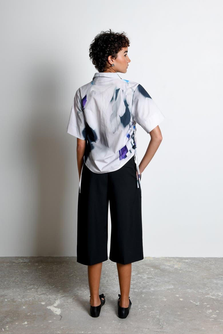 Ties Adjustable Short Sleeve Button-Down Top, Alternate, color, Shadow Iris Ivory