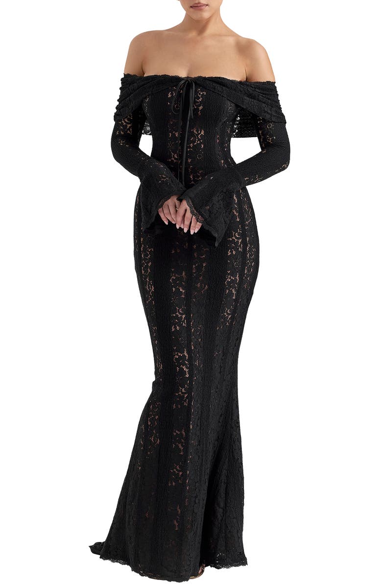 HOUSE OF CB Belle Off the Shoulder Long Sleeve Maxi Dress, Main, color, Black