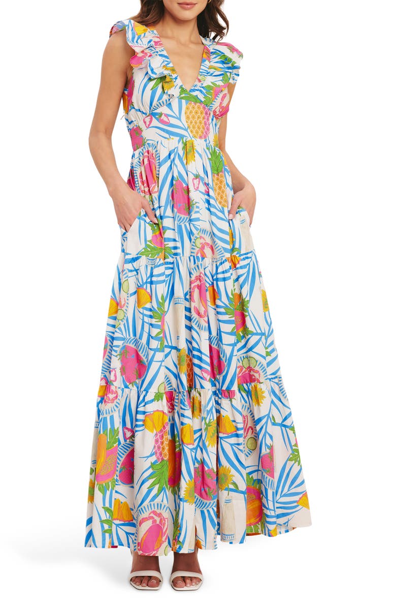 FLYING TOMATO Tropical Print Sleeveless Cotton Maxi Dress, Main, color, Off White Multi