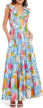 FLYING TOMATO Tropical Print Sleeveless Cotton Maxi Dress